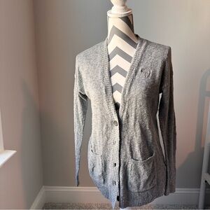 Abercrombie & Fitch Cardigan Grandpa Sweater Gray L Moose Logo Pockets Preppy